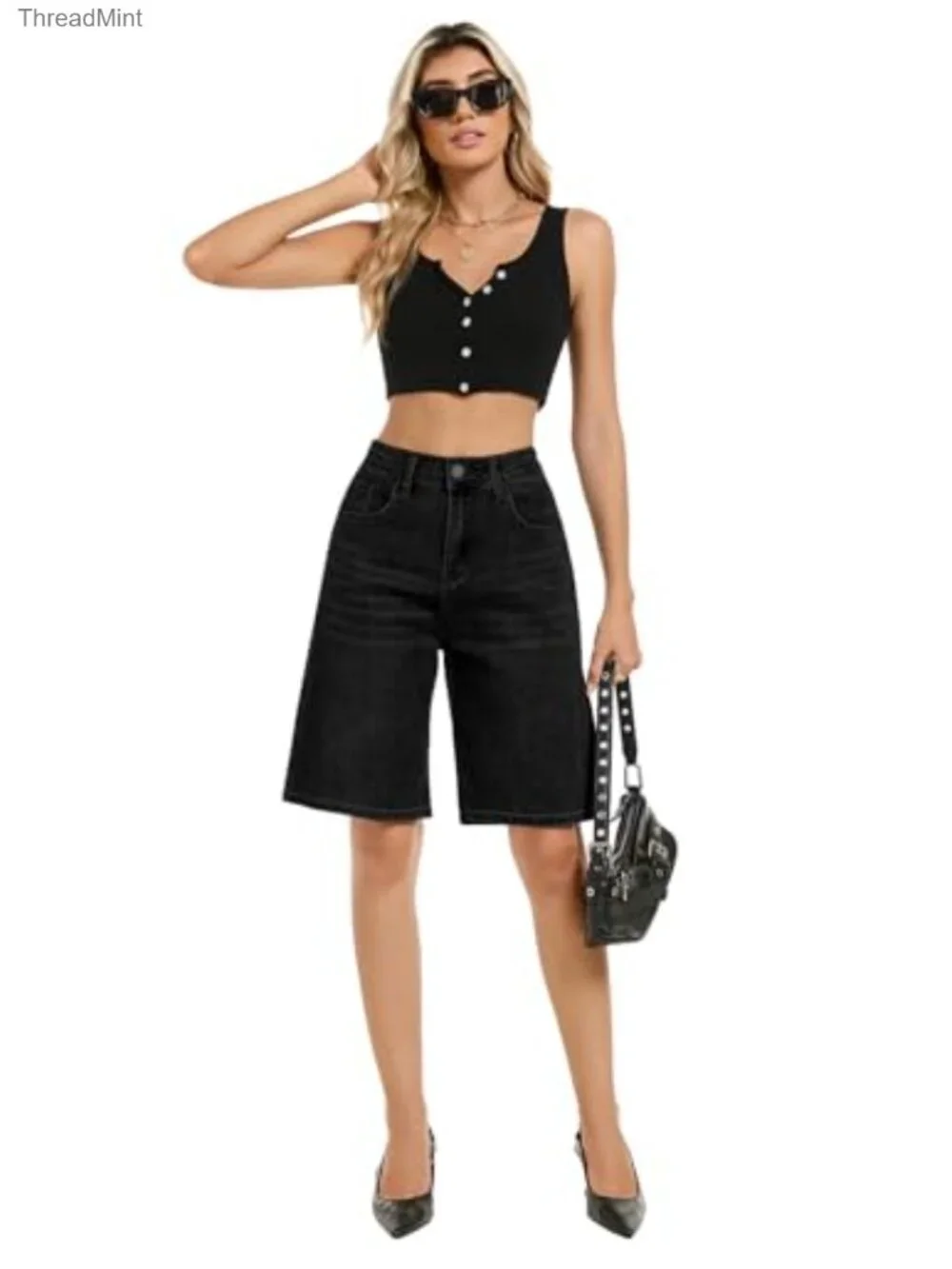 Stretchy High Waisted Bermuda Denim Shorts for Women Baggy Jorts Long Jean